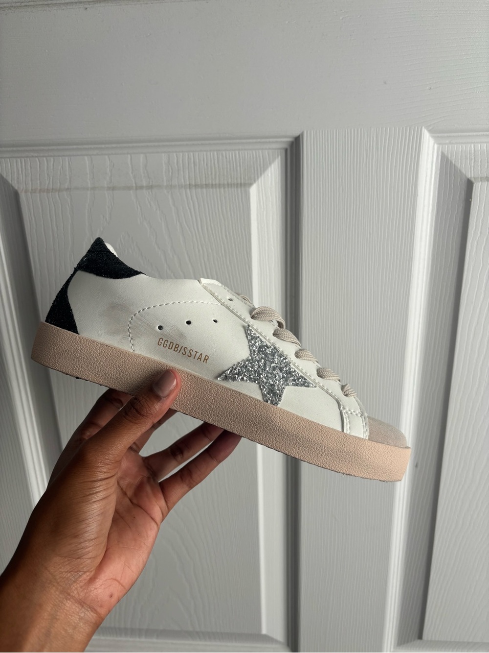 Golden Goose Goldstar Glittery Silver Star Sneaker with Glittery Black Heel